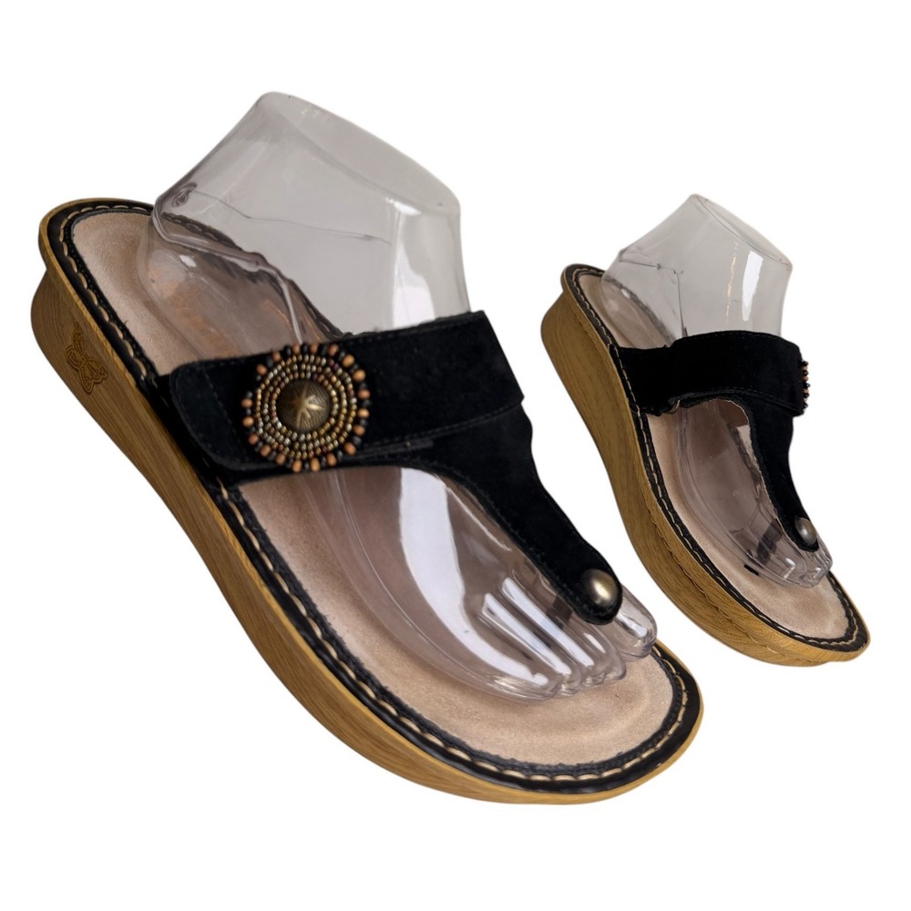 Alegria Carina Folkie Black Suede Platform Thong Sandals Size 40 - Picture 6 of 16